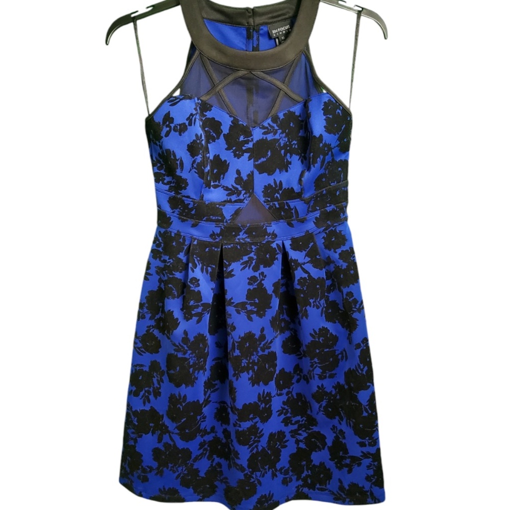 Blue & Black Floral Print Prom Mini Dres Velvet & Shoulder Sheer EnFocus Studio